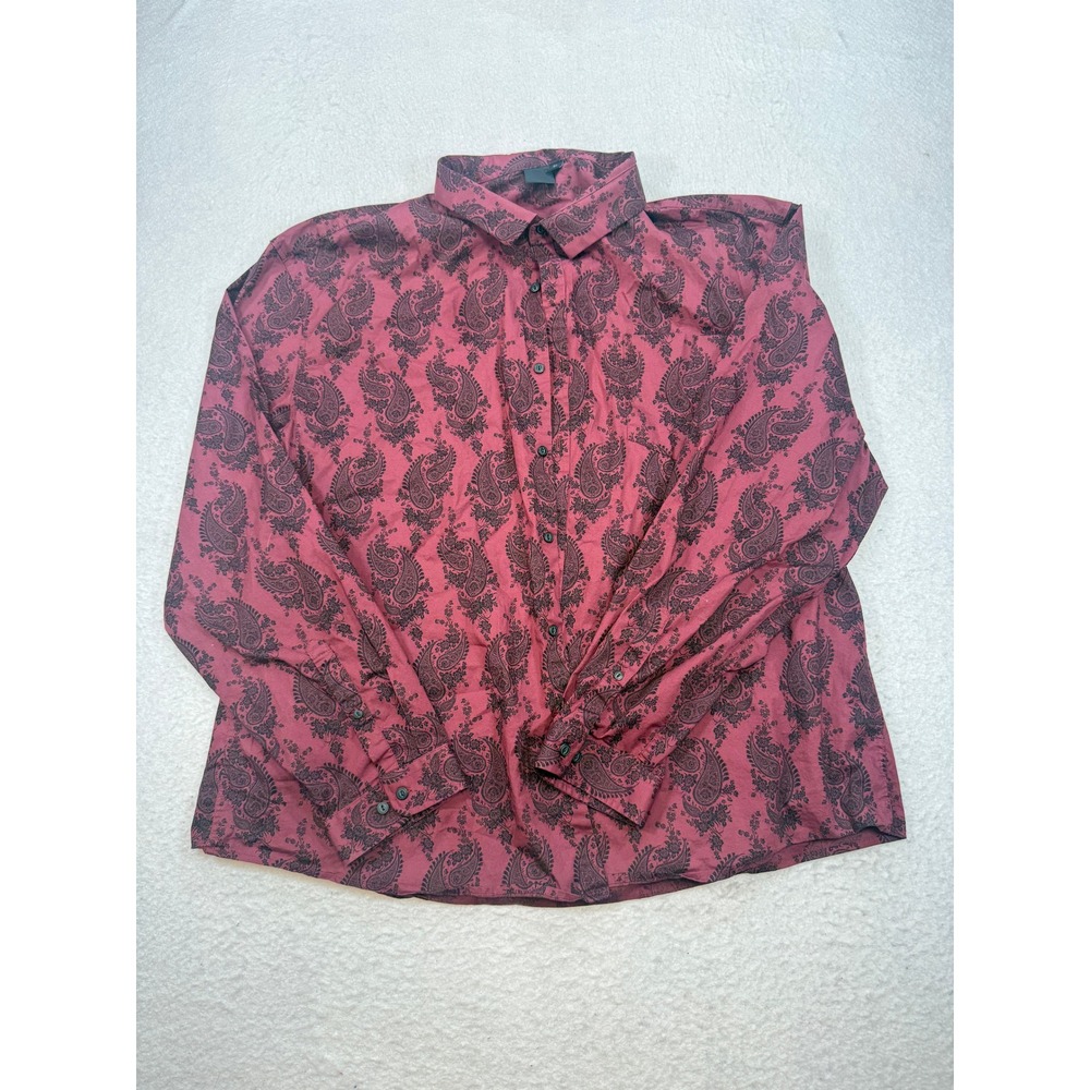 ASOS DESIGN Mens 6XL Regular Paisley Button Down Shirt Burgundy Red Long Sleeve